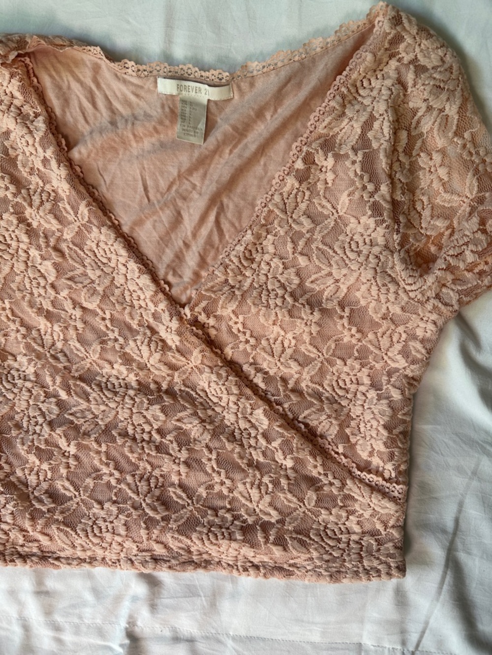 Vintage Forever 21 Peach Pink Lace V-Neck Long Sleeve Overlay Top - Picture 5 of 6